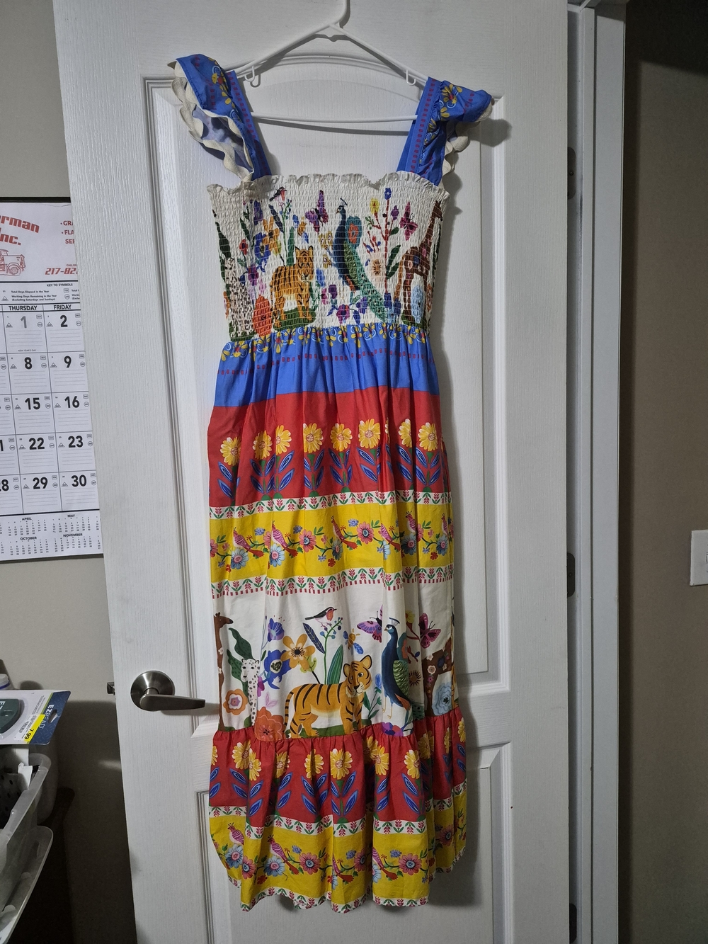 THML Blue Red Yellow Smocked Maxi Dress with Animal Print